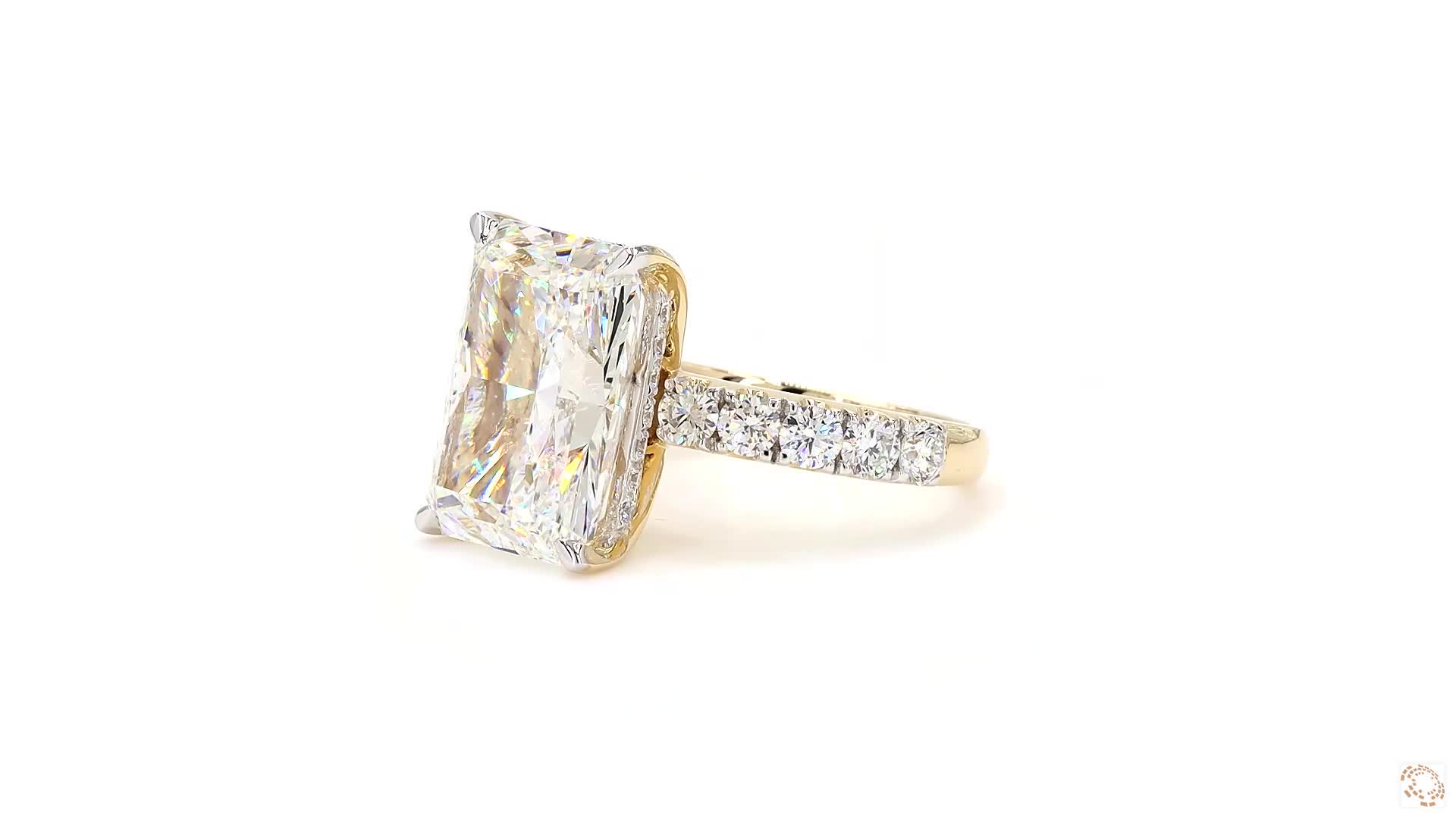 Exquisite radiant ring with hidden halo and diamond studded band