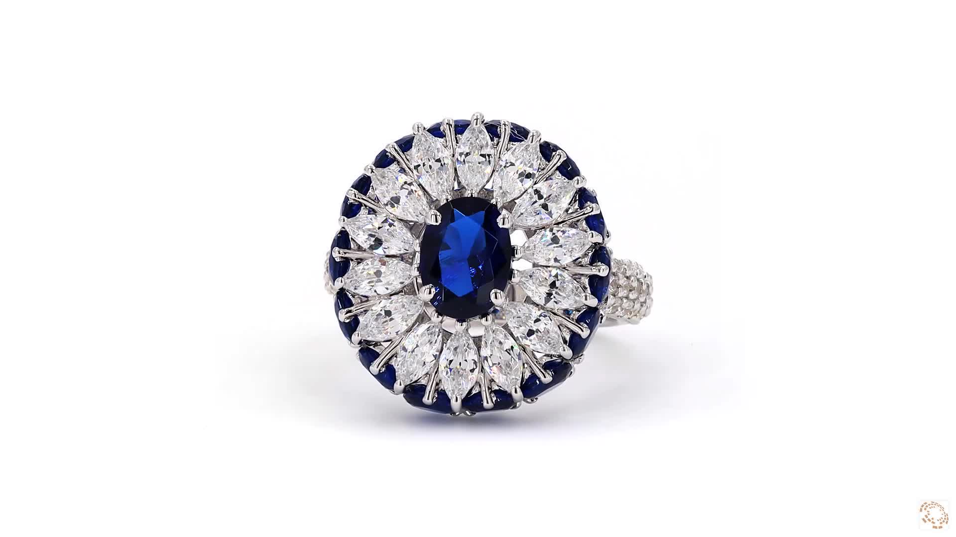 Blue oval flower designed ring