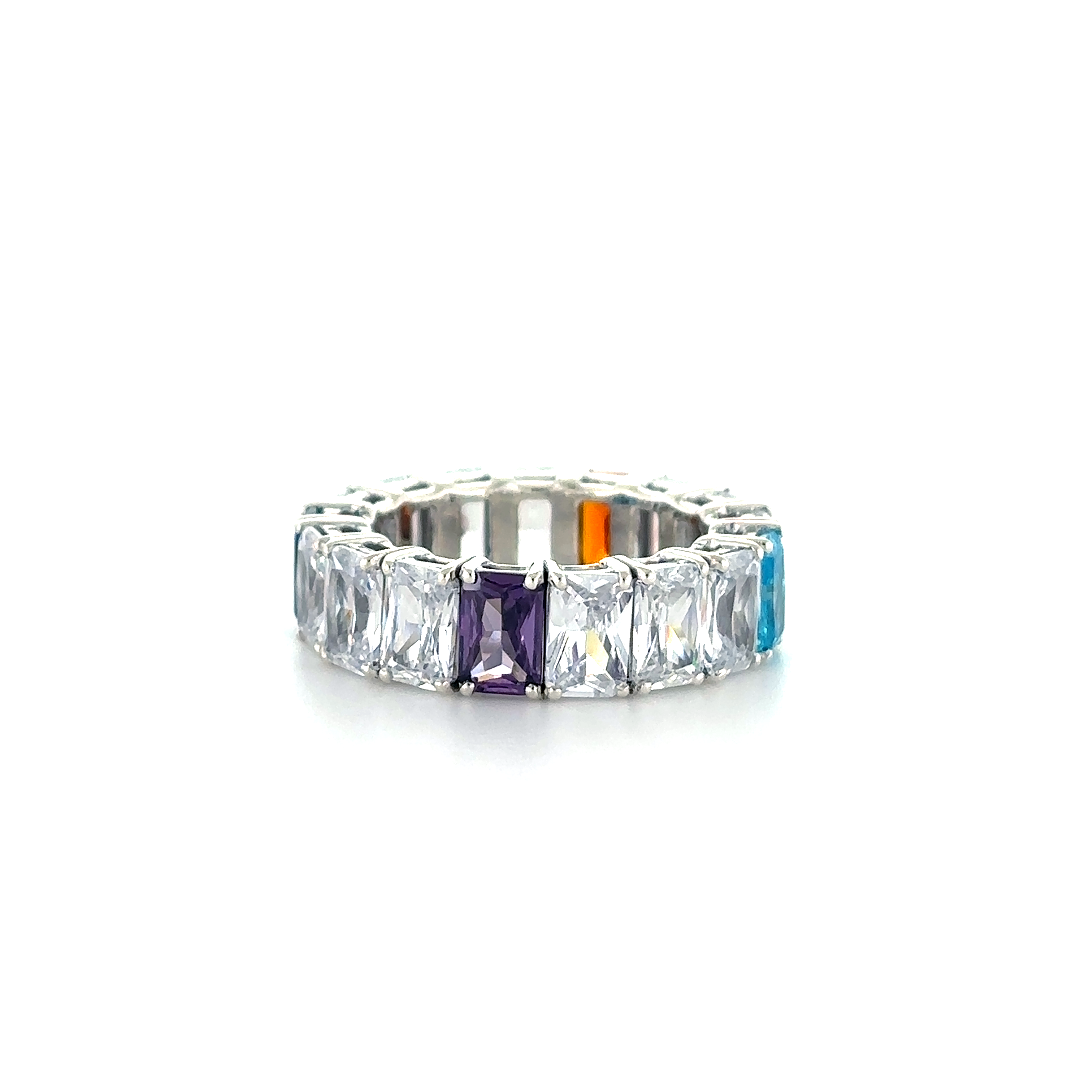 Ashoka shaped Multi coloured gems silver ring